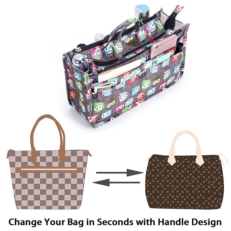 BTSKY Printing Handbag Organizers Inside Purse Insert - High Capacity 13 Pockets Bag Tote Organizer with Handle (Owl) - Image 5
